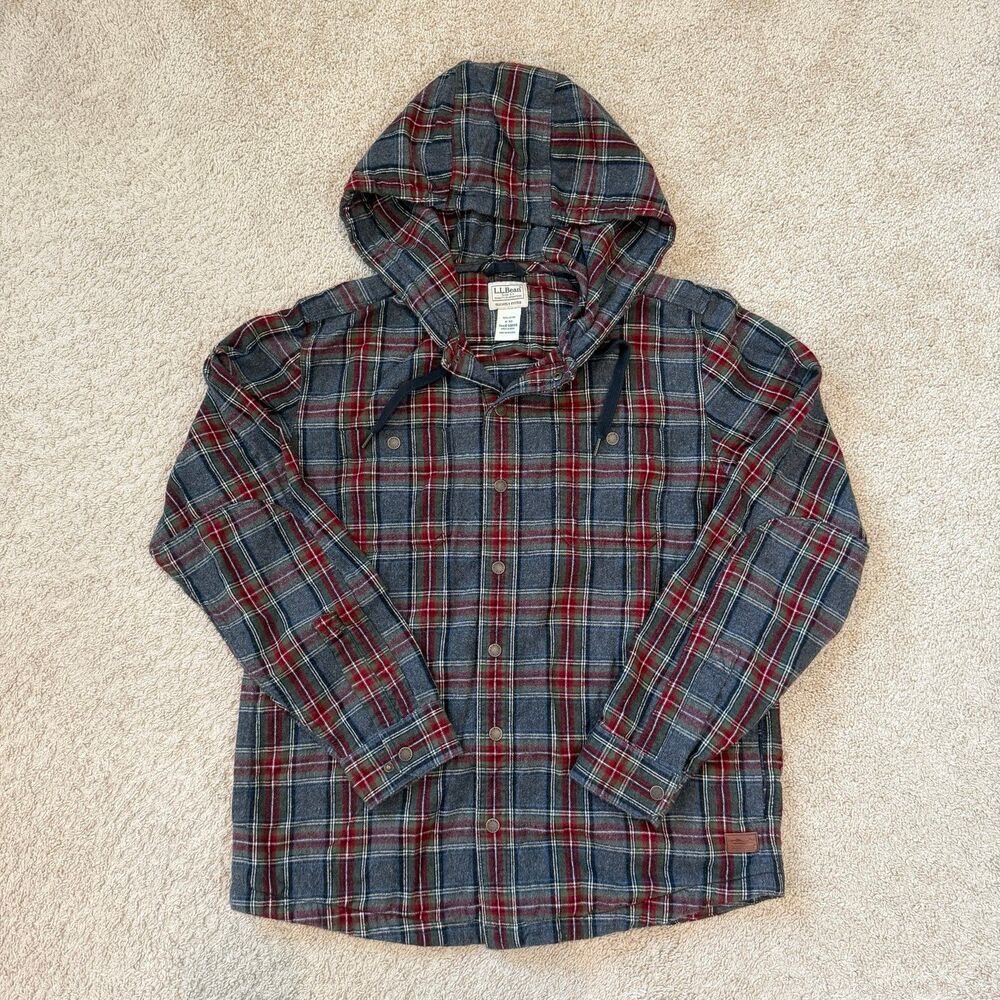 LL Bean Hooded Flannel Shirt Jacket Mens Medium Plaid Snap Front Shacket